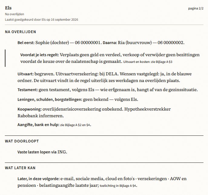 Echte uitsnede uit Na overlijden, voor de fictieve Els. Dezelfde tekst staat hieronder.