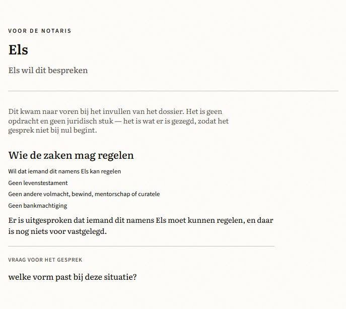Echte uitsnede uit Voor de notaris, voor de fictieve Els. Dezelfde tekst staat hieronder.