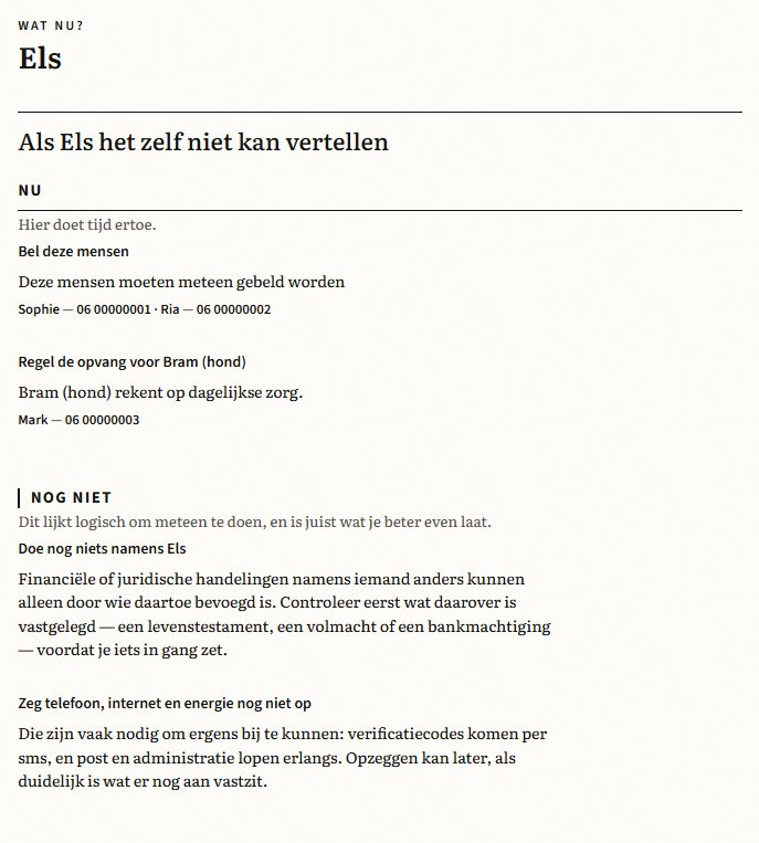 Echte uitsnede uit Wat nu? · De eerste stappen, voor de fictieve Els. Dezelfde tekst staat hieronder.